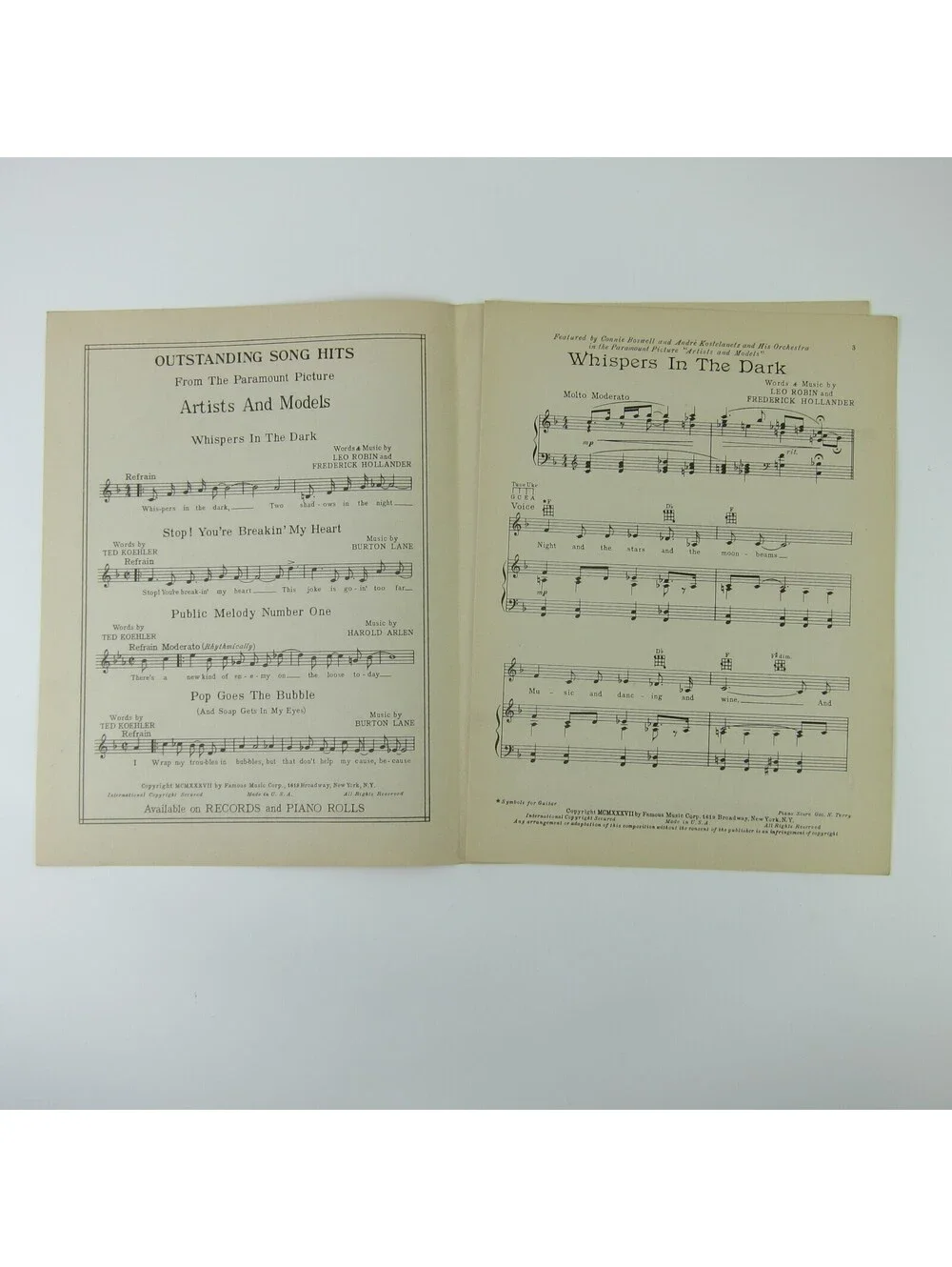 Sheet Music Whispers In The Dark Artists & Models Jack Benny Vintage 1937